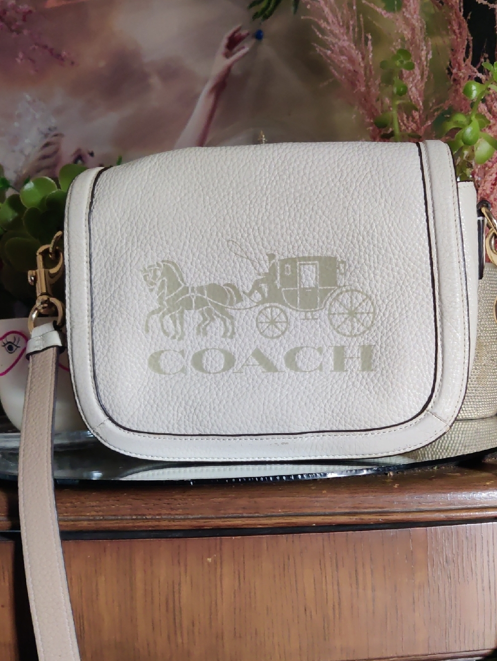COACH Cream Pebbled Leather Crossbody with Horse & Carriage Logo